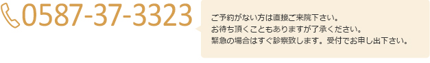 0587-37-3323
                            当日の診察をご希望の方はご予約なしで直接ご来院ください。
                            ご予約予約の患者様が優先となりますのでご了承下さい。
                            緊急の場合はこの限りではありません。
                            